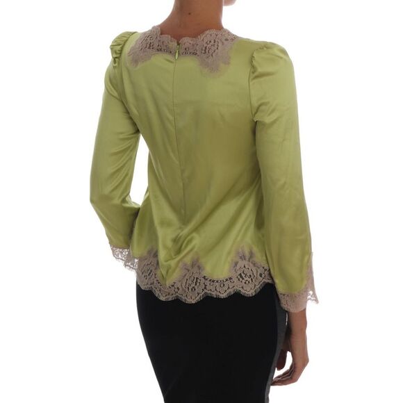 Dolce & Gabbana Lime Green Silk Blouse Lace Trim Women Green Tops & T-Shirts - Picture 3 of 6
